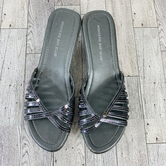 Montego Bay Club Silver Sandals Sequin Wedge Slip On Womens 7 Wedge Strappy Shoe - Picture 9 of 14